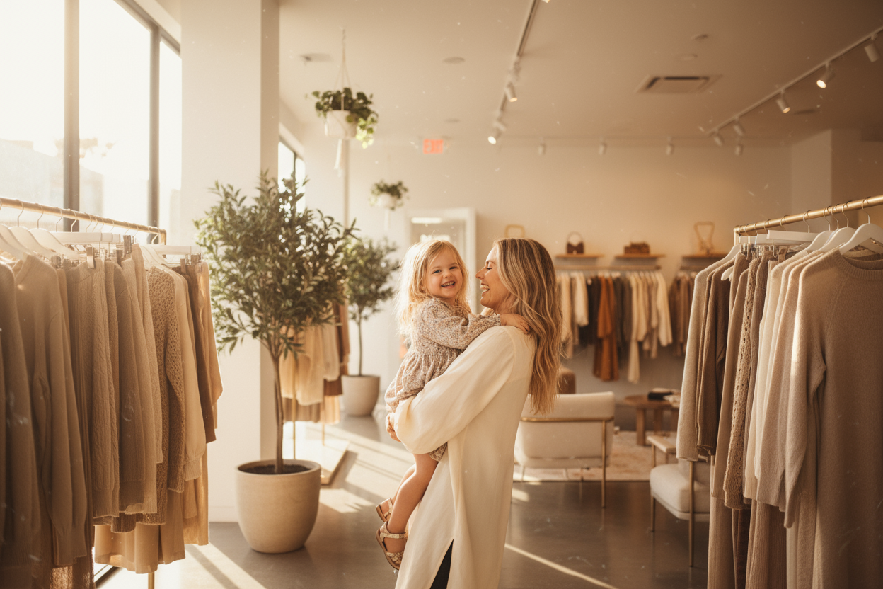 ik heb een mooie foto van de zelfde moeder en kind die je eerder hebt gemaakt voor hun winkel in los Angelas dus met een mooie sfeer en ambiance zonnig de winkel moet hetzelfde zijn als die je al eerder hebt gemaakt waar ze met zijn tweeën binnen staan ze moeten lachen en elkaar vast hebben
