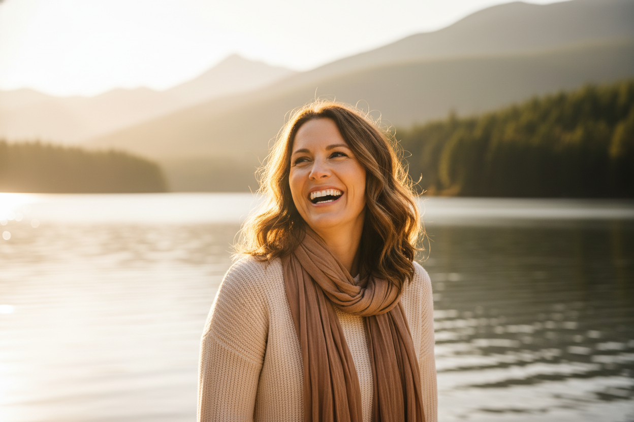 je hebt al een eerdere mooie afbeelding voor me gemaakt met Ella en grace ik wil nu een mooie foto van alleen de moeder maar het moet dezelfde persoon zijn als die je eerder hebt gemaakt maak buiten bij een lake met mooi uitzicht zon moet schijnen de foto moet warmte afgeven dus ze moet lachen